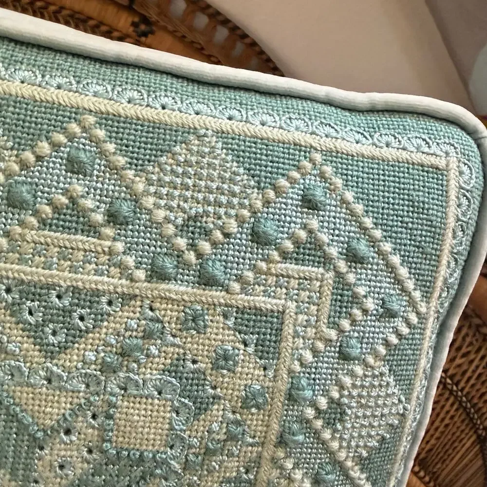 Vintage Hardanger Embroidery pillow blue decorative pillow 13x13 in